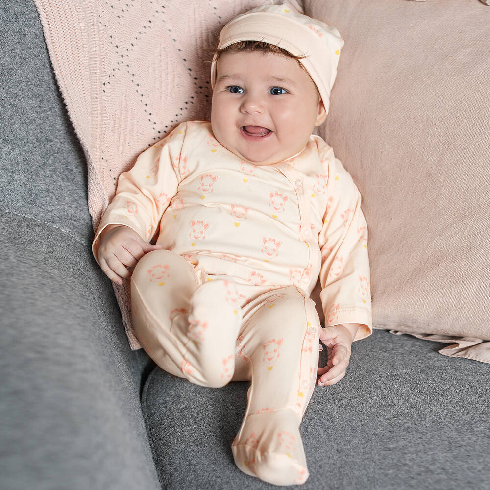 Sophie la Girafe-Розовый комбинезон и шапочка из хлопка | Childrensalon Outlet