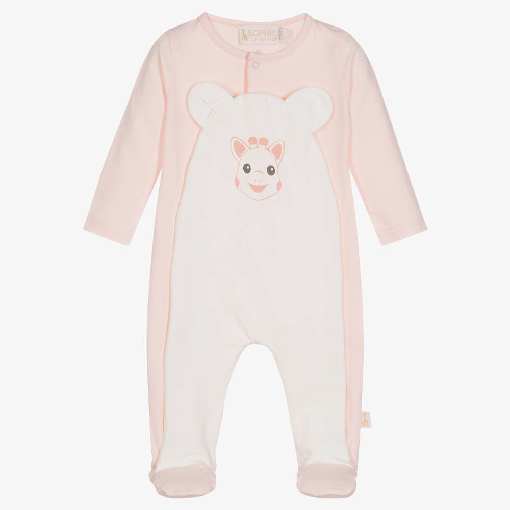 Sophie la Girafe - Pink & Ivory Cotton Babygrow | Childrensalon