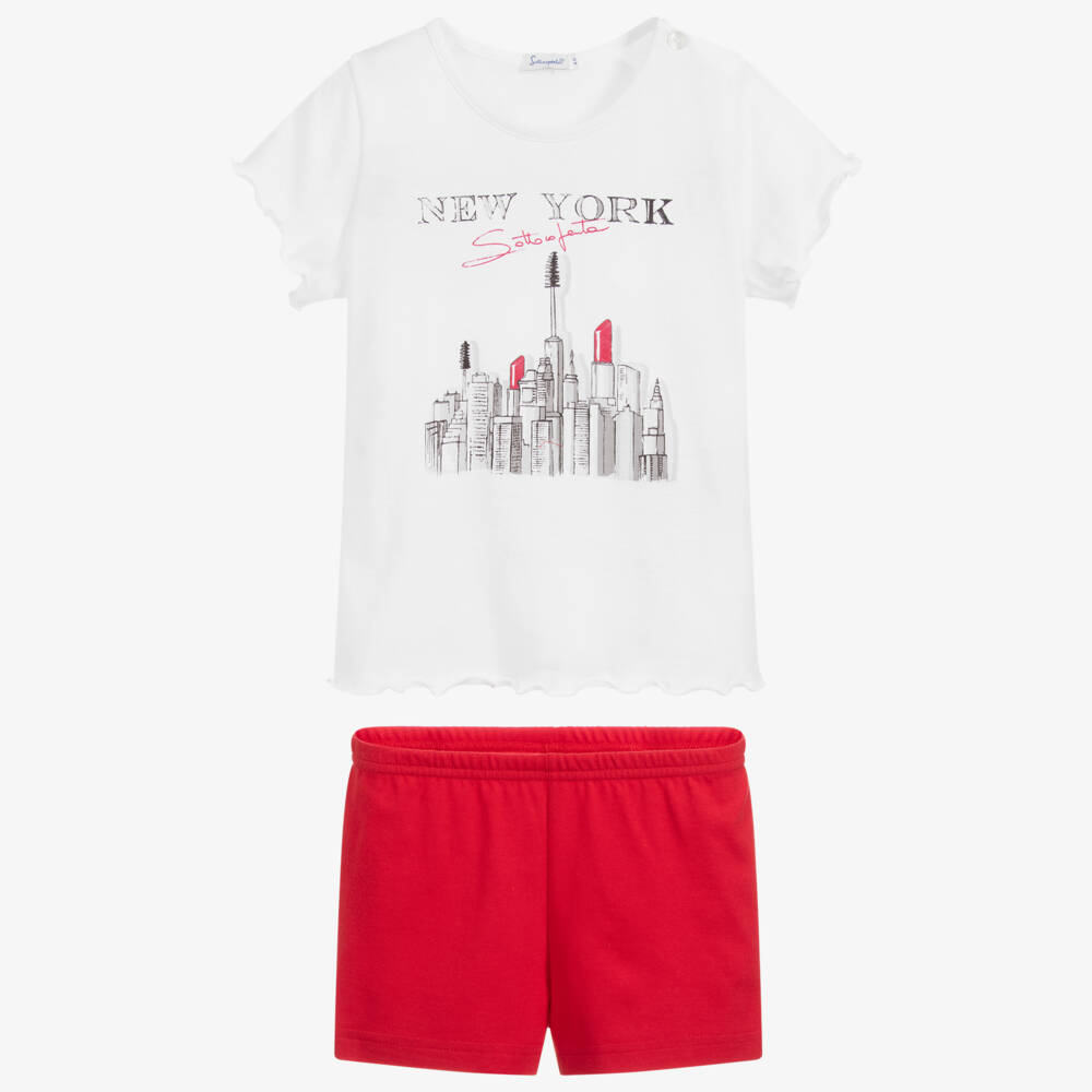 Sottocoperta-بيجاما شورت قطن لون أبيض وأحمر للبنات | Childrensalon Outlet