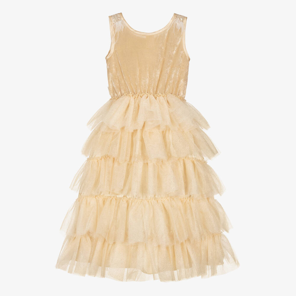 Souza-فستان قطيفة وتول مزين بترتر لون ذهبي | Childrensalon Outlet