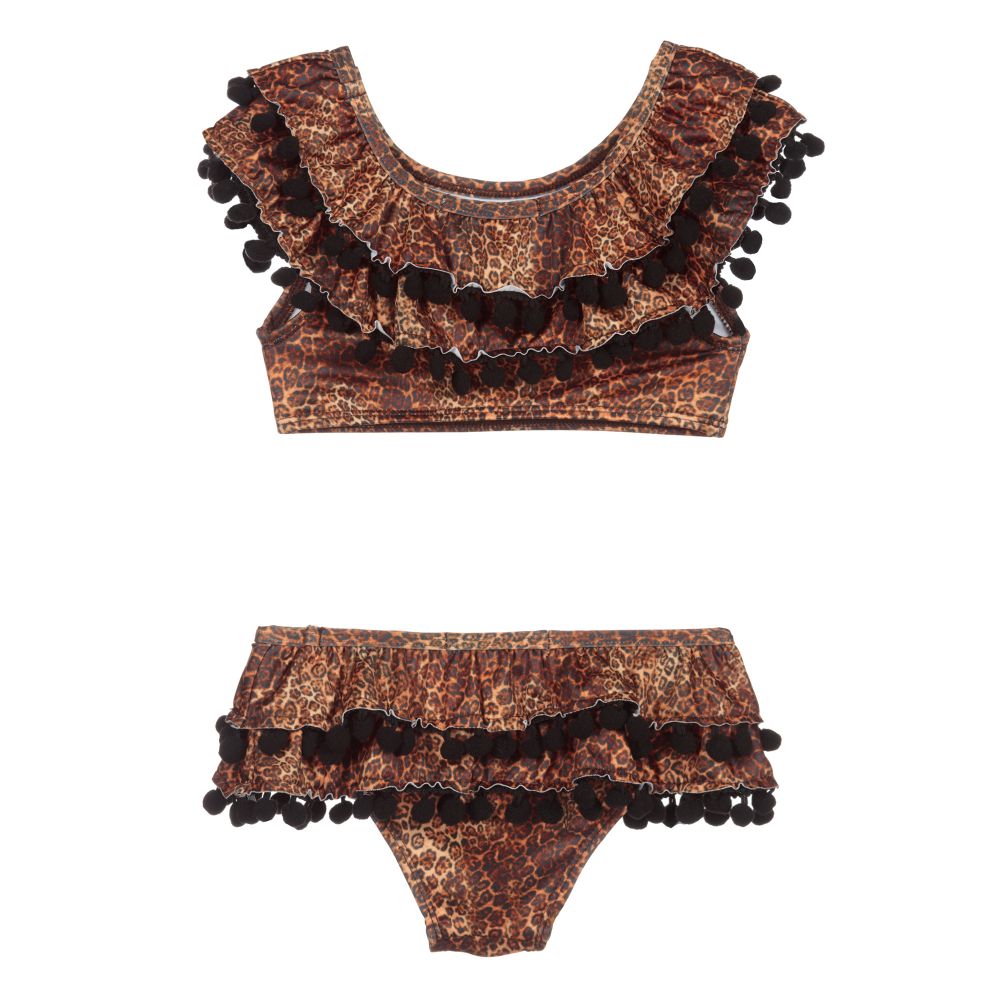 Stella Cove-Коричневое бикини с животным принтом и помпонами | Childrensalon Outlet