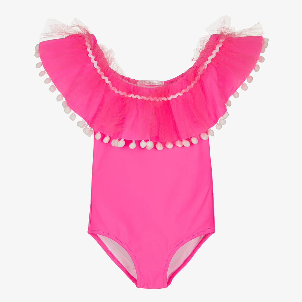 Stella Cove Girls Pink Ruffle Pom Pom Swimsuit Childrensalon