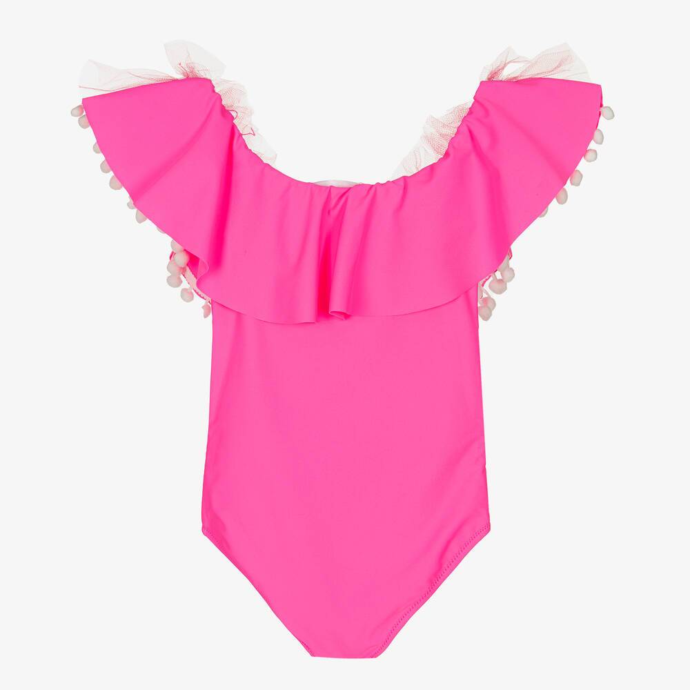 Stella Cove Girls Pink Ruffle Pom Pom Swimsuit Childrensalon
