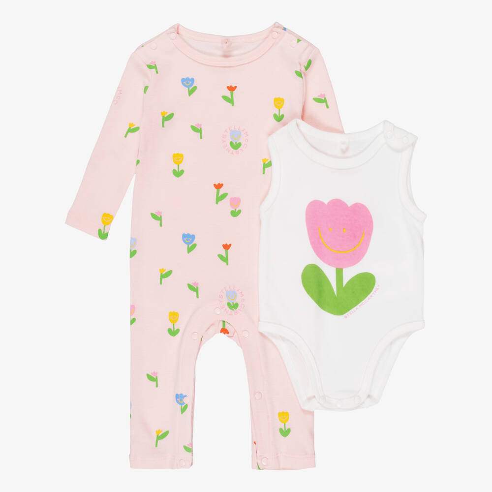 Stella McCartney Kids-Baby Girls Pink Floral Cotton Babysuit Set | Childrensalon Outlet