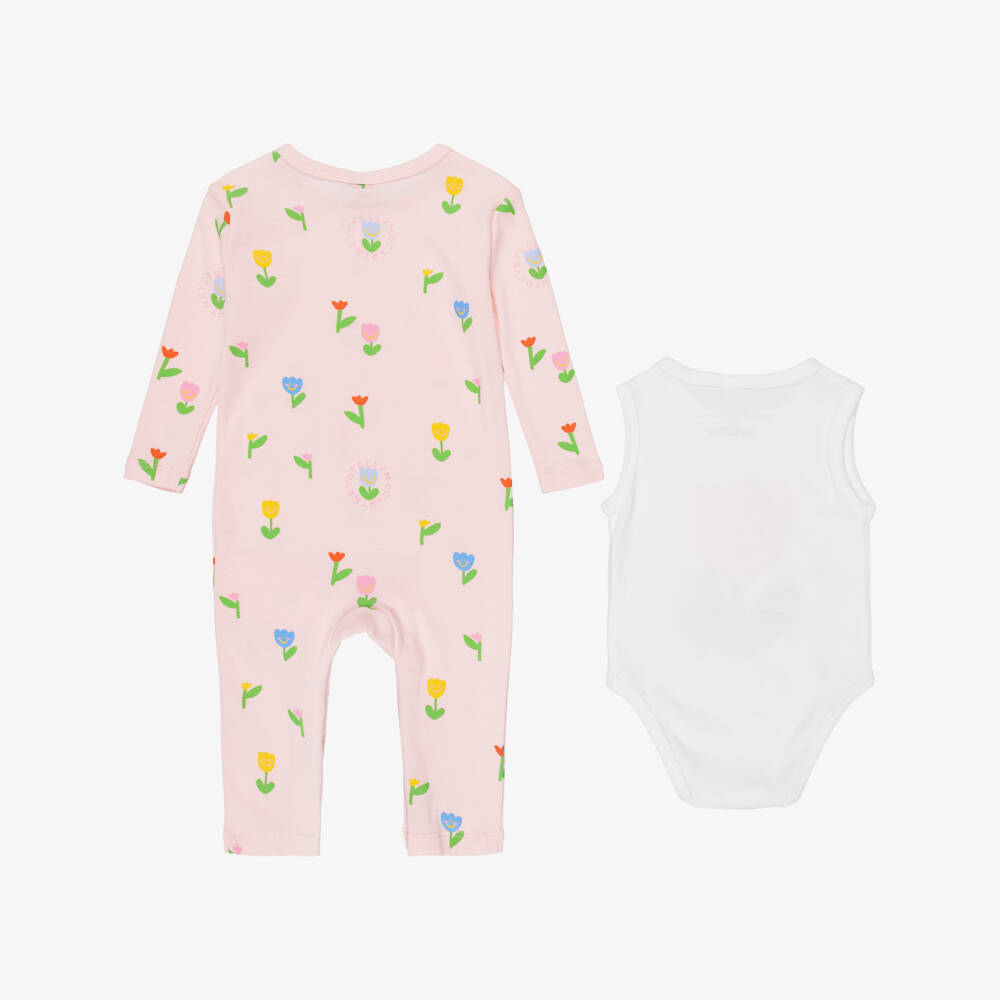 Stella McCartney Kids-Baby Girls Pink Floral Cotton Babysuit Set | Childrensalon Outlet