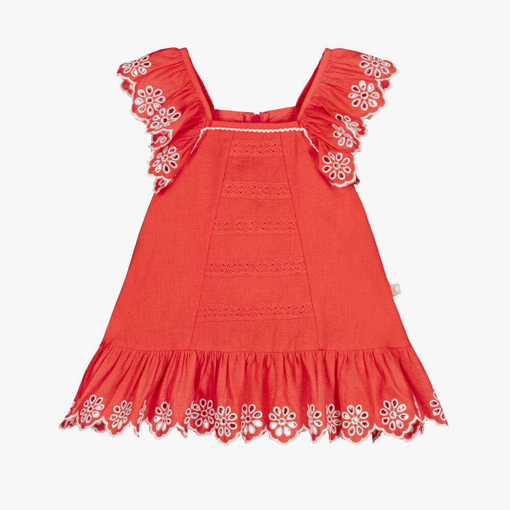 Stella McCartney Kids-Baby Girls Red Dress with White Floral Embroidery | Childrensalon Outlet