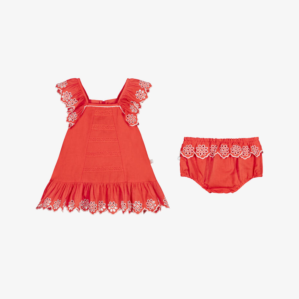 Stella McCartney Kids-Baby Girls Red Dress with White Floral Embroidery | Childrensalon Outlet