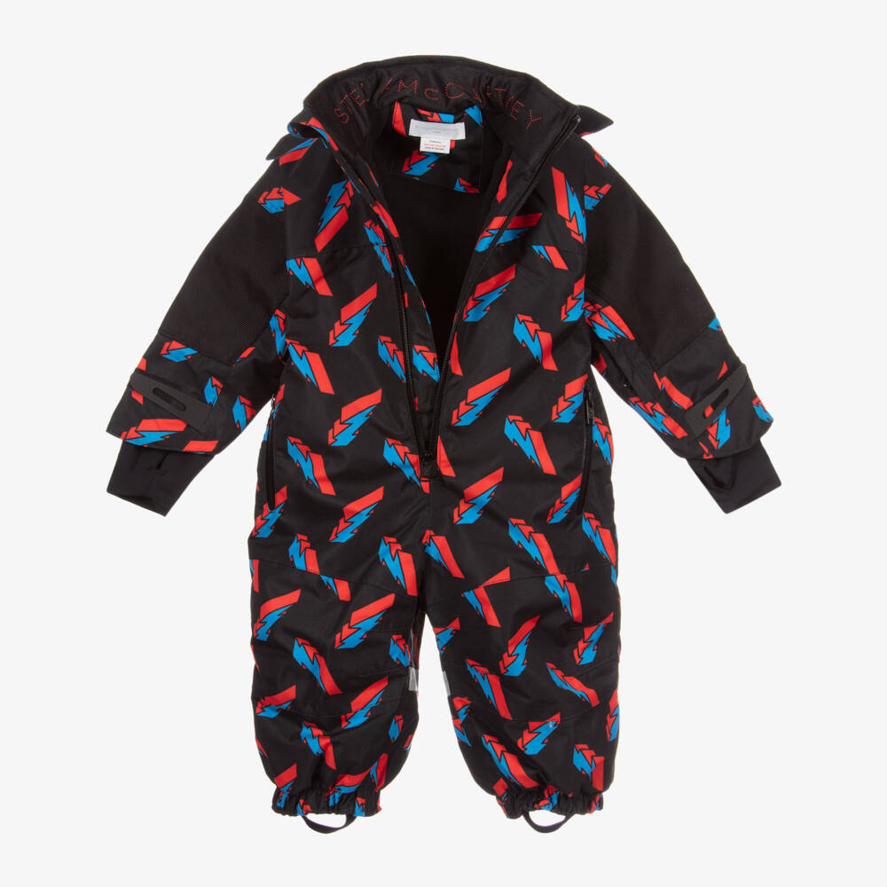 Stella McCartney Kids Лыжная капсульная коллекция-Черный зимний комбинезон с принтом в виде молний | Childrensalon Outlet