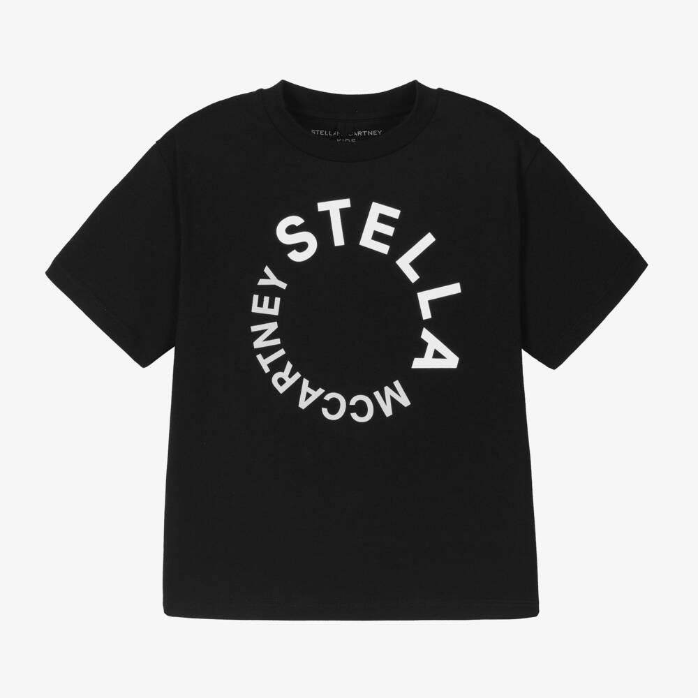 Stella McCartney Kids-Black Organic Cotton T-Shirt With Circle Logo | Childrensalon Outlet