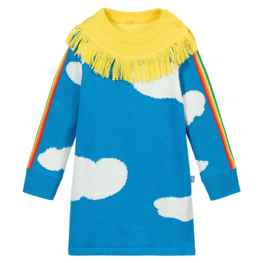 Stella McCartney Kids - فستان أطفال بناتي قطن و صوف لون أزرق و أبيض | Childrensalon
