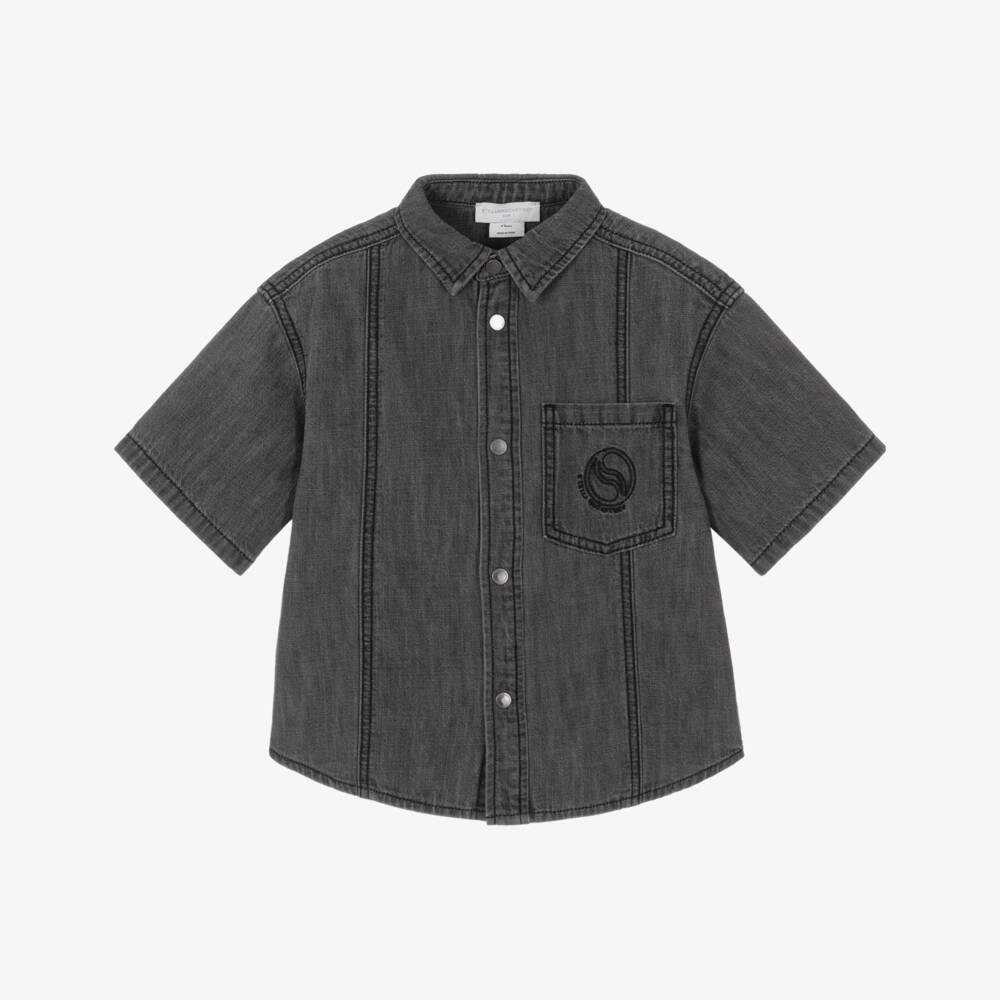 Stella McCartney Kids-Boys Black Denim Shirt with Embroidered Circular Logo | Childrensalon Outlet
