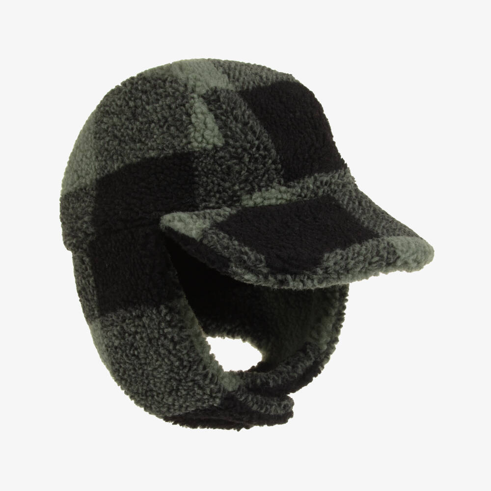 Stella McCartney Kids-Boys Black & Green Check Sherpa Fleece Hat | Childrensalon Outlet