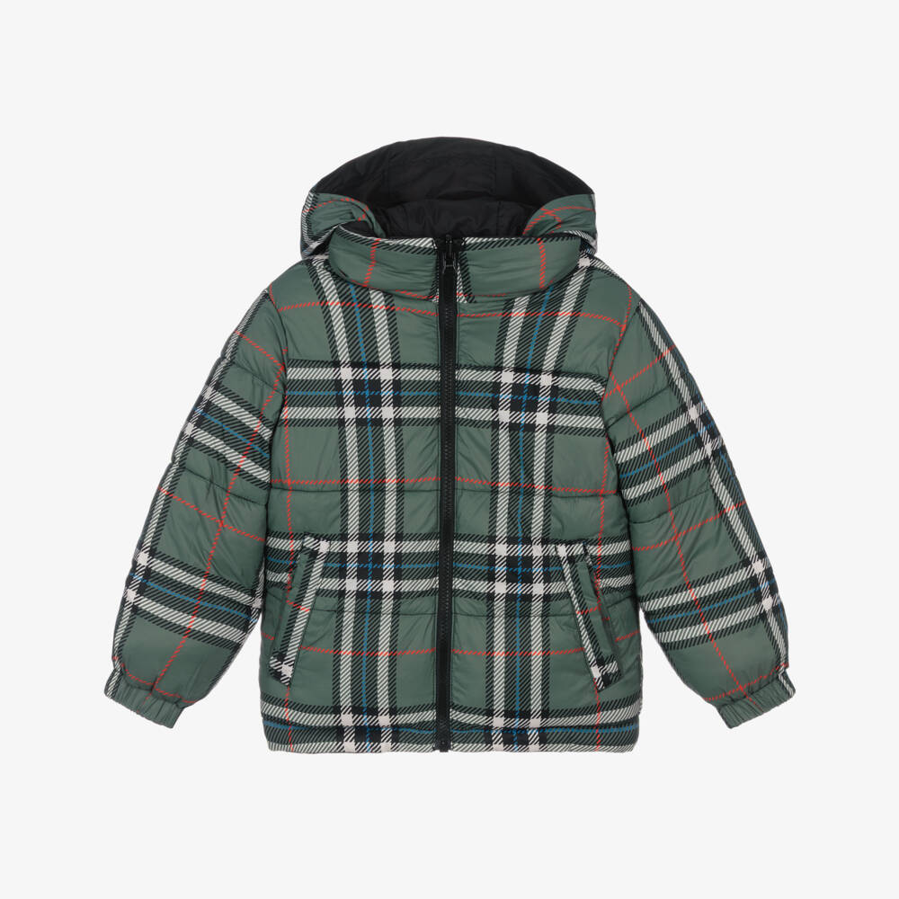 Stella McCartney Kids-Boys Black & Green Tartan Reversible Puffer Jacket | Childrensalon Outlet