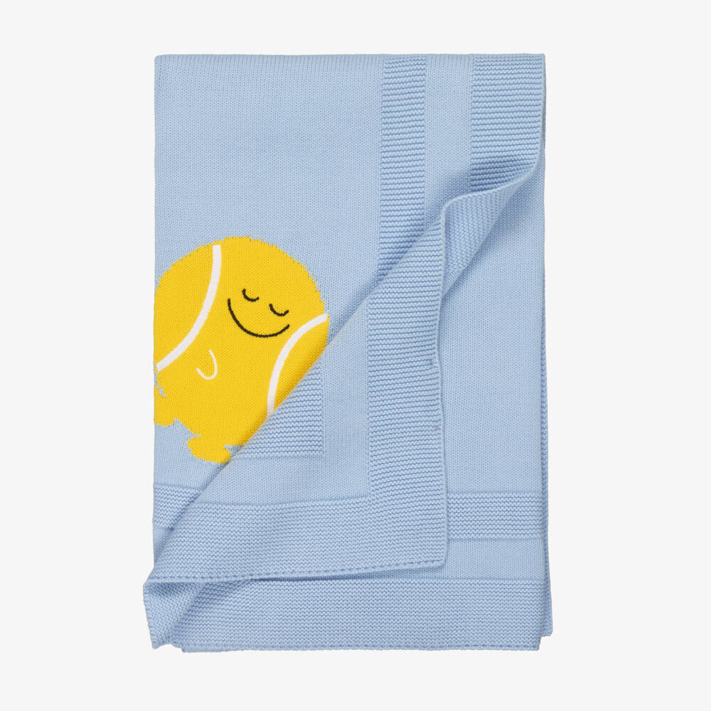 Stella McCartney Kids-Boys Blue Cotton Knit Blanket with Tennis Ball Motifs | Childrensalon Outlet