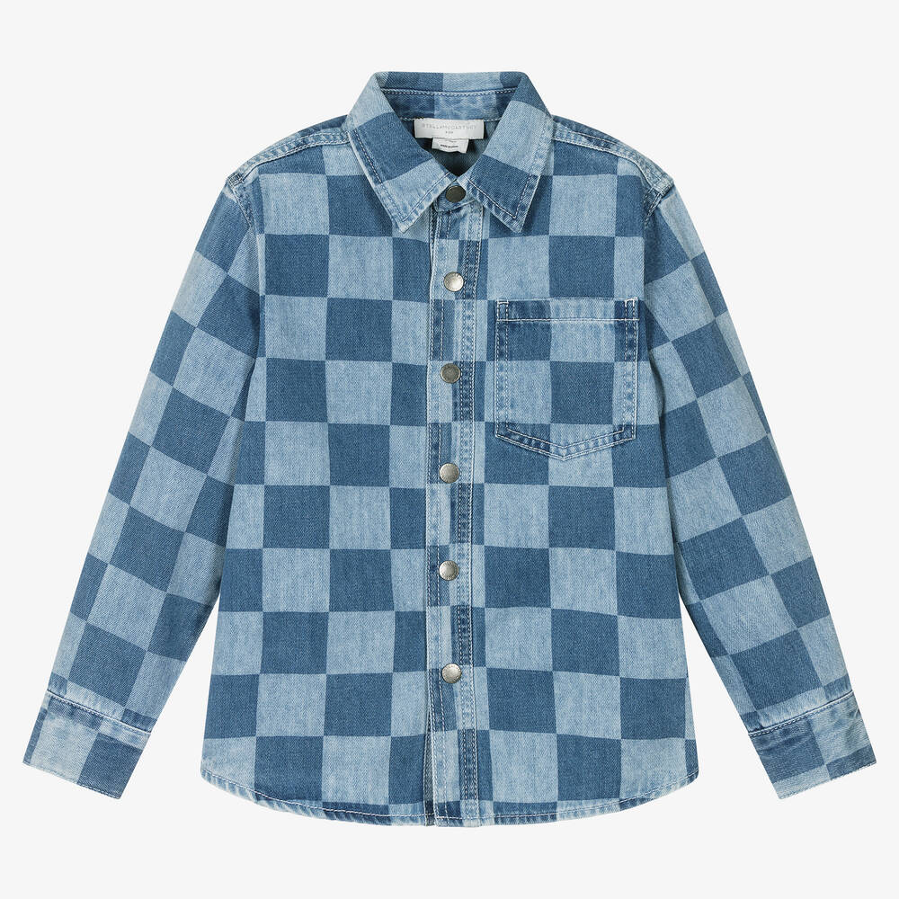 Stella McCartney Kids - Boys Blue Organic Cotton Check Denim Shirt | Childrensalon