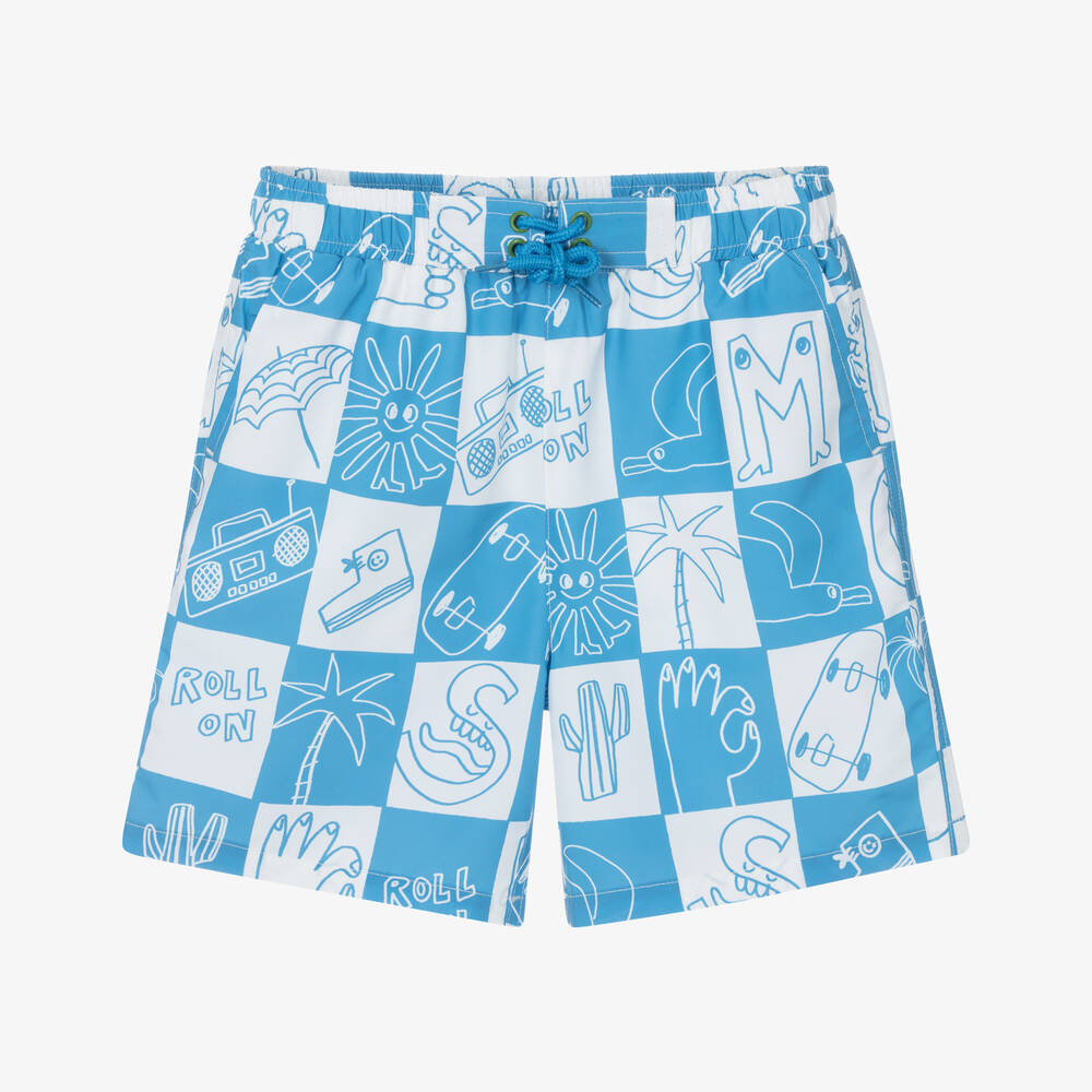 Stella McCartney Kids-Boys Blue & White Check Swim Shorts | Childrensalon Outlet