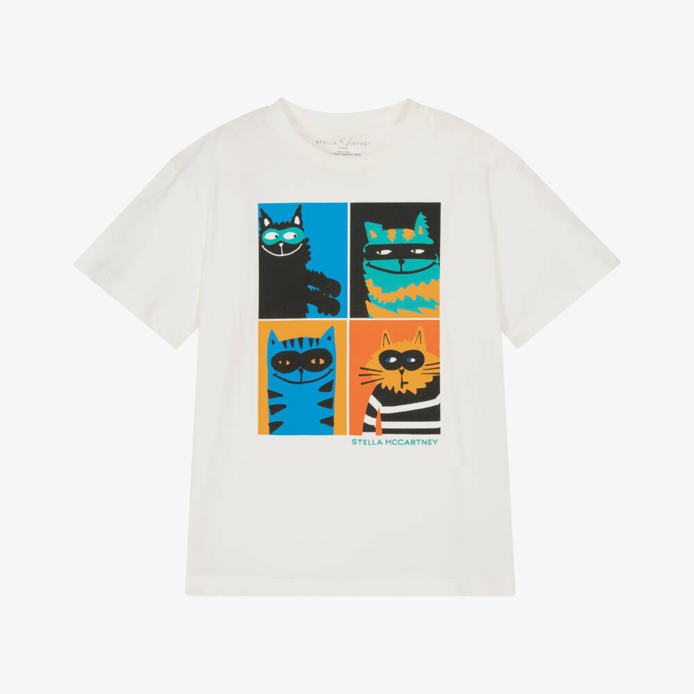 Stella McCartney Kids-Футболка кремовая с котом для мальчиков | Childrensalon Outlet