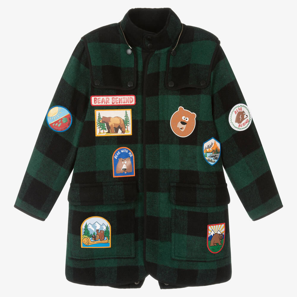 Stella McCartney Kids-Черно-зеленая куртка в клетку со значками для мальчиков | Childrensalon Outlet