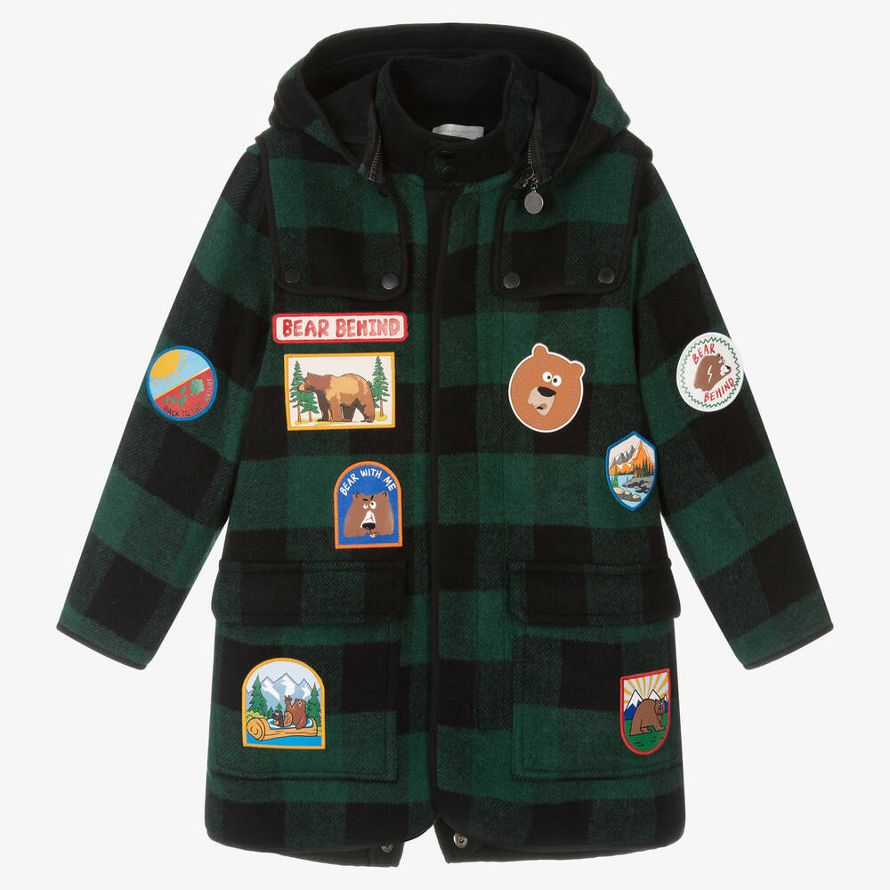 Stella McCartney Kids - Черно-зеленая куртка в клетку со значками для мальчиков | Childrensalon