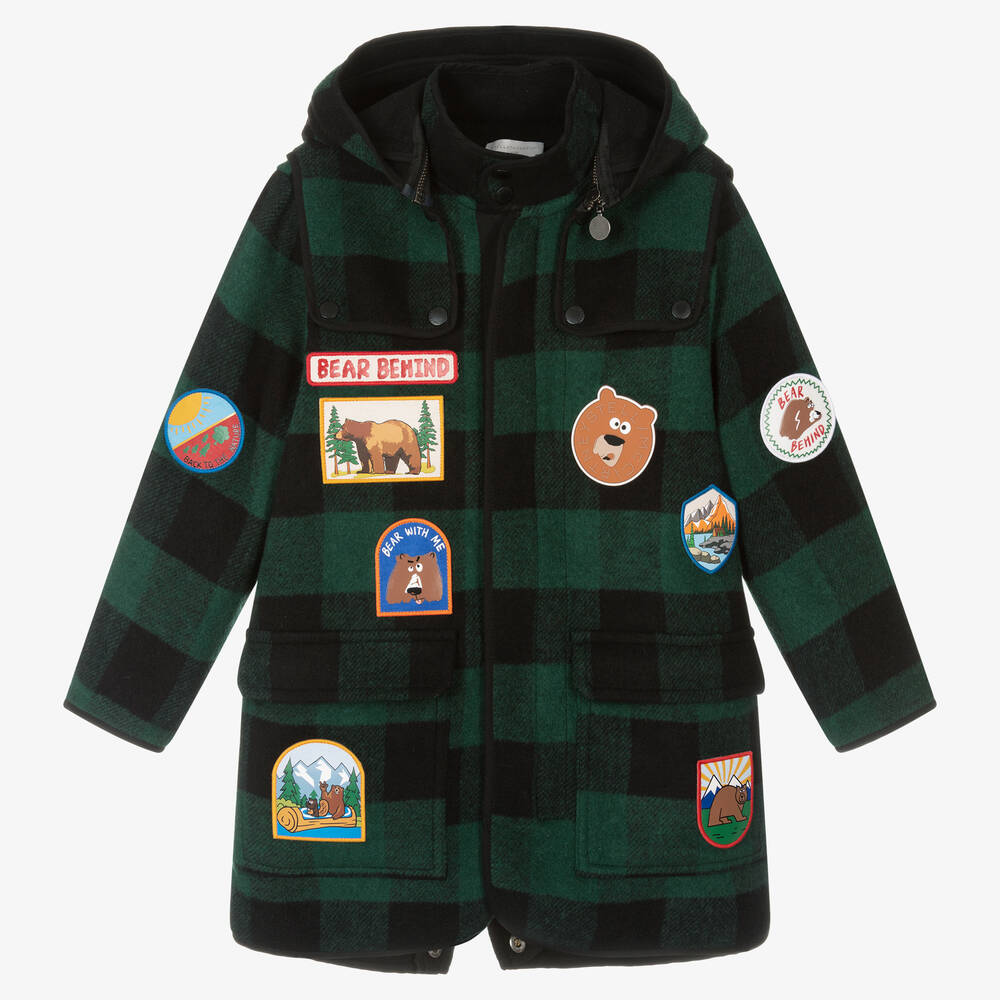 Stella McCartney Kids - Boys Green & Black Check Badges Coat | Childrensalon