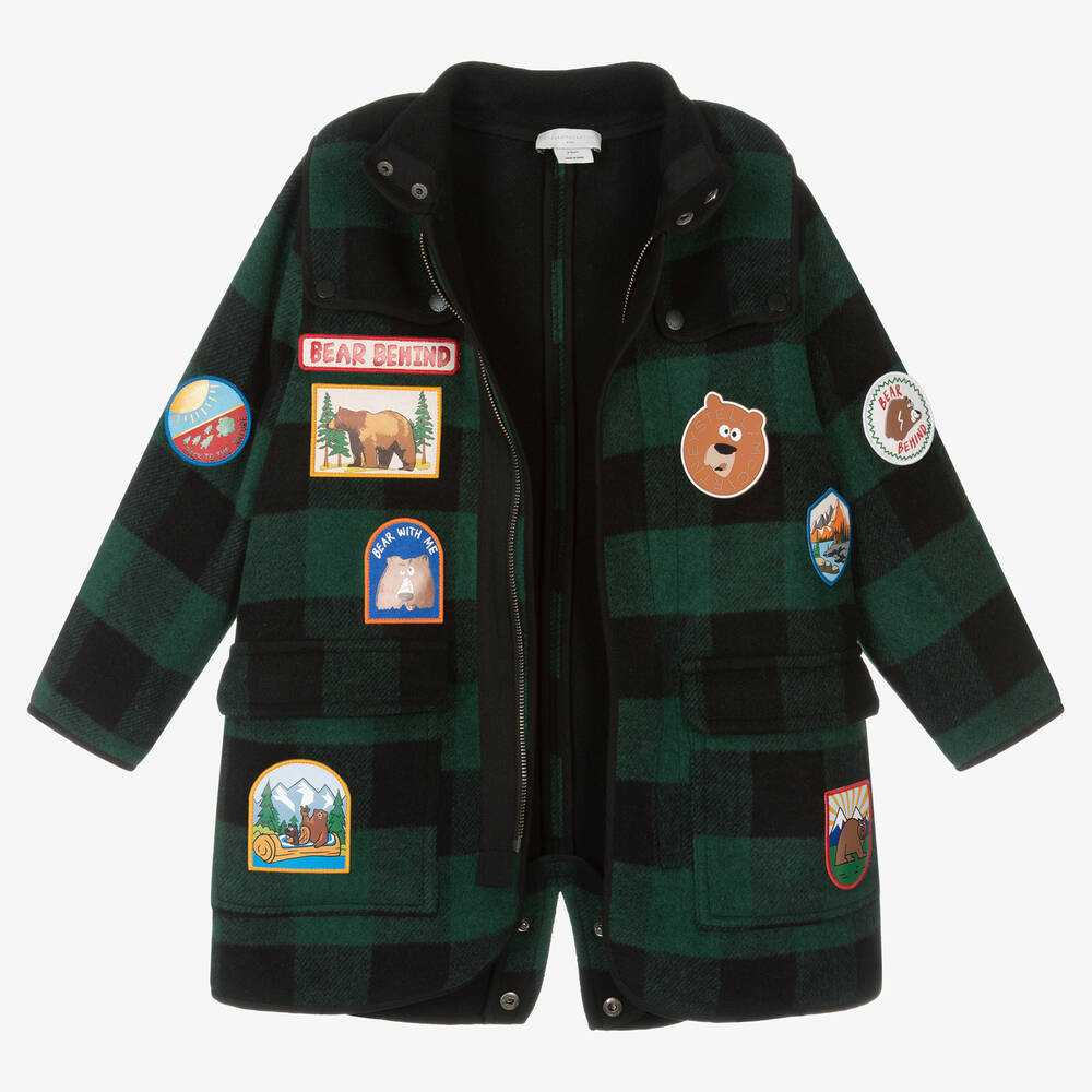 Stella McCartney Kids Boys Green Black Check Badges Coat