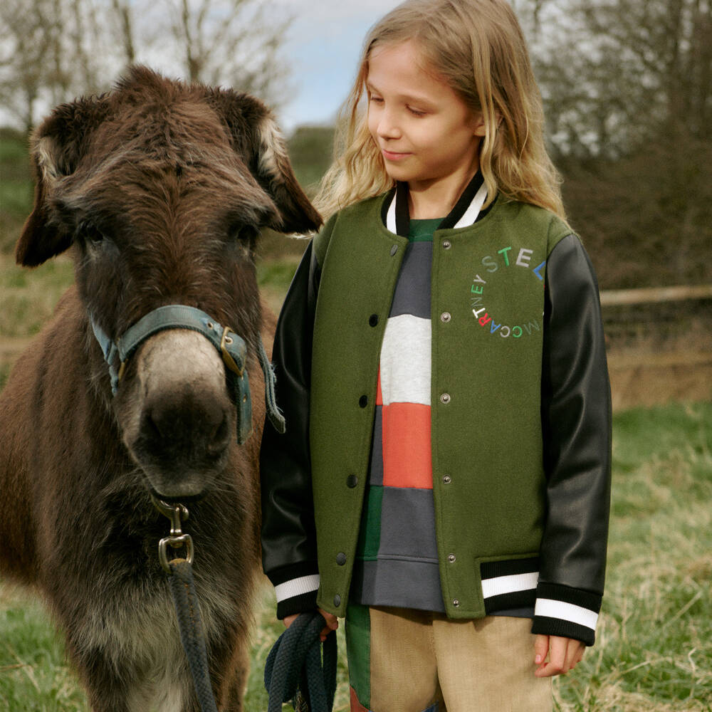 Stella McCartney Kids Boys Green Black Varsity Bomber Jacket