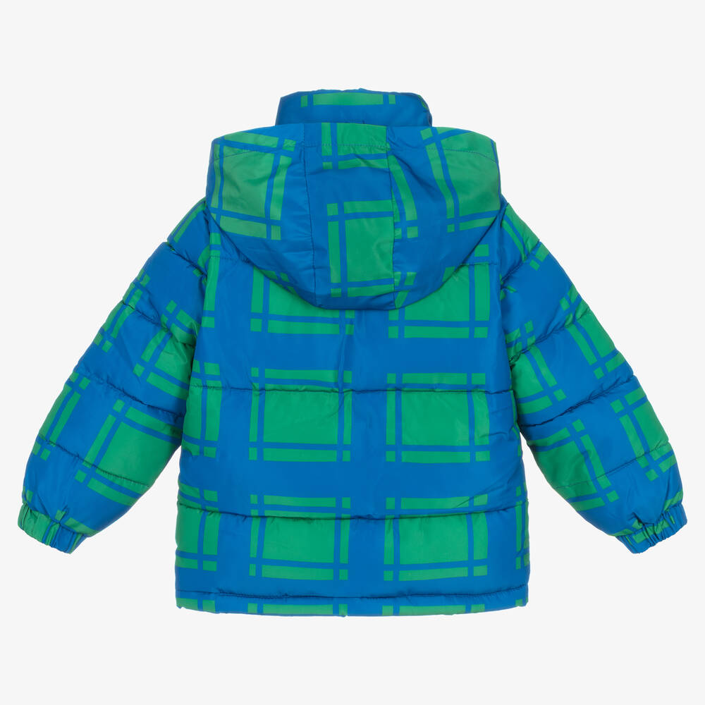 Stella McCartney Kids-Сине-зеленый пуховик в клетку для мальчиков | Childrensalon Outlet