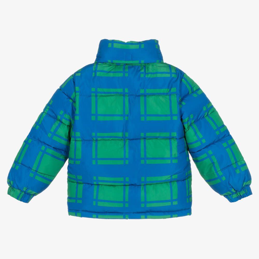 Stella McCartney Kids-Сине-зеленый пуховик в клетку для мальчиков | Childrensalon Outlet