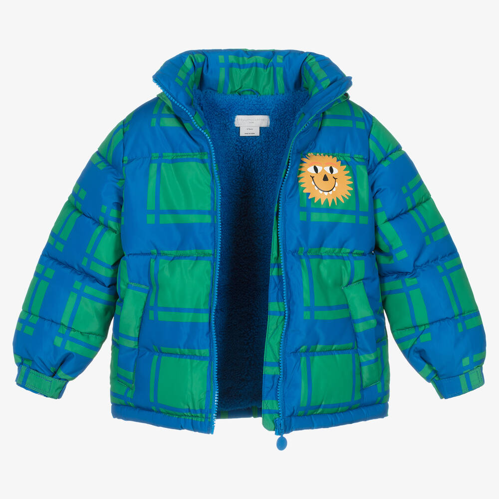 Stella McCartney Kids-Сине-зеленый пуховик в клетку для мальчиков | Childrensalon Outlet