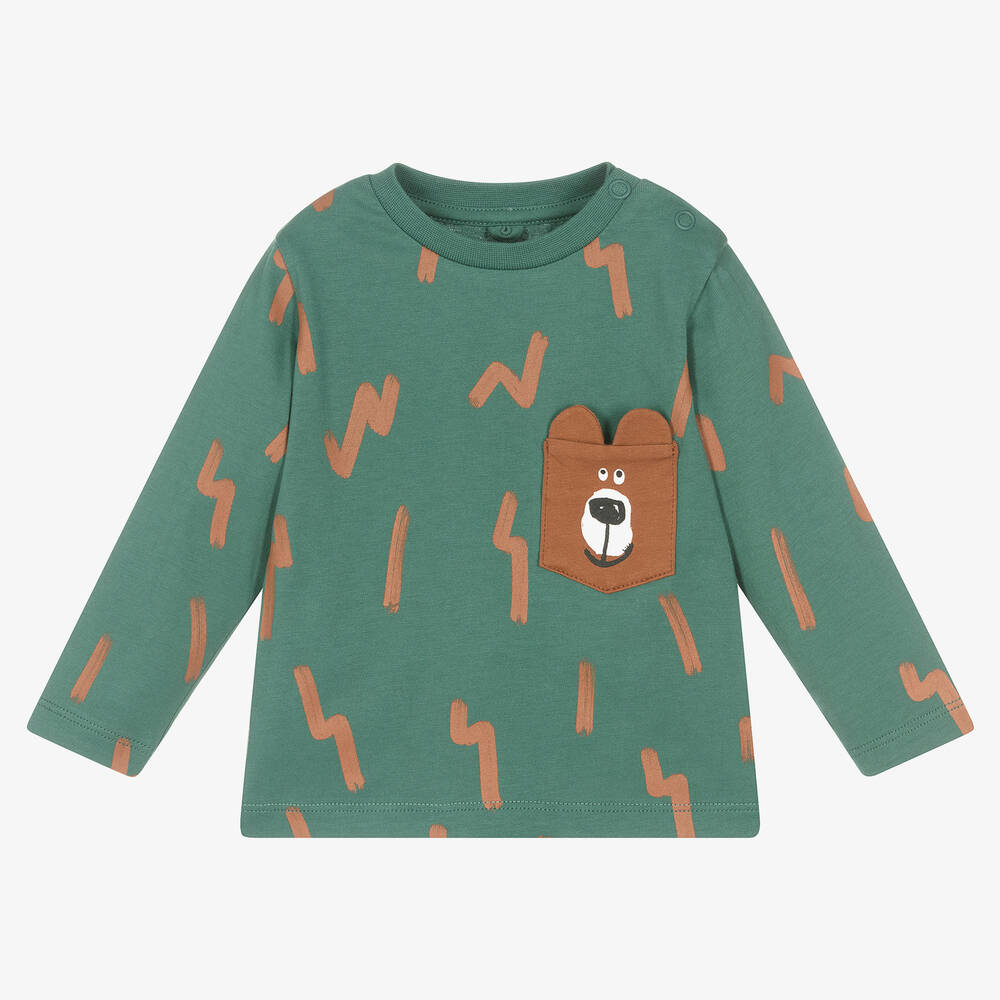 Stella McCartney Kids - Зеленый хлопковый топ с карманом-медведем | Childrensalon