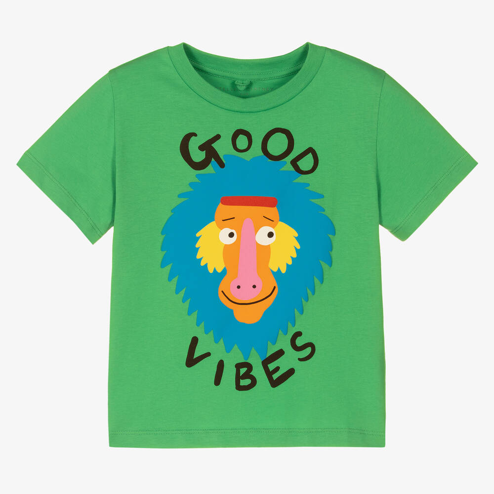 Stella McCartney Kids - Boys Green Cotton Good Vibes T-Shirt | Childrensalon