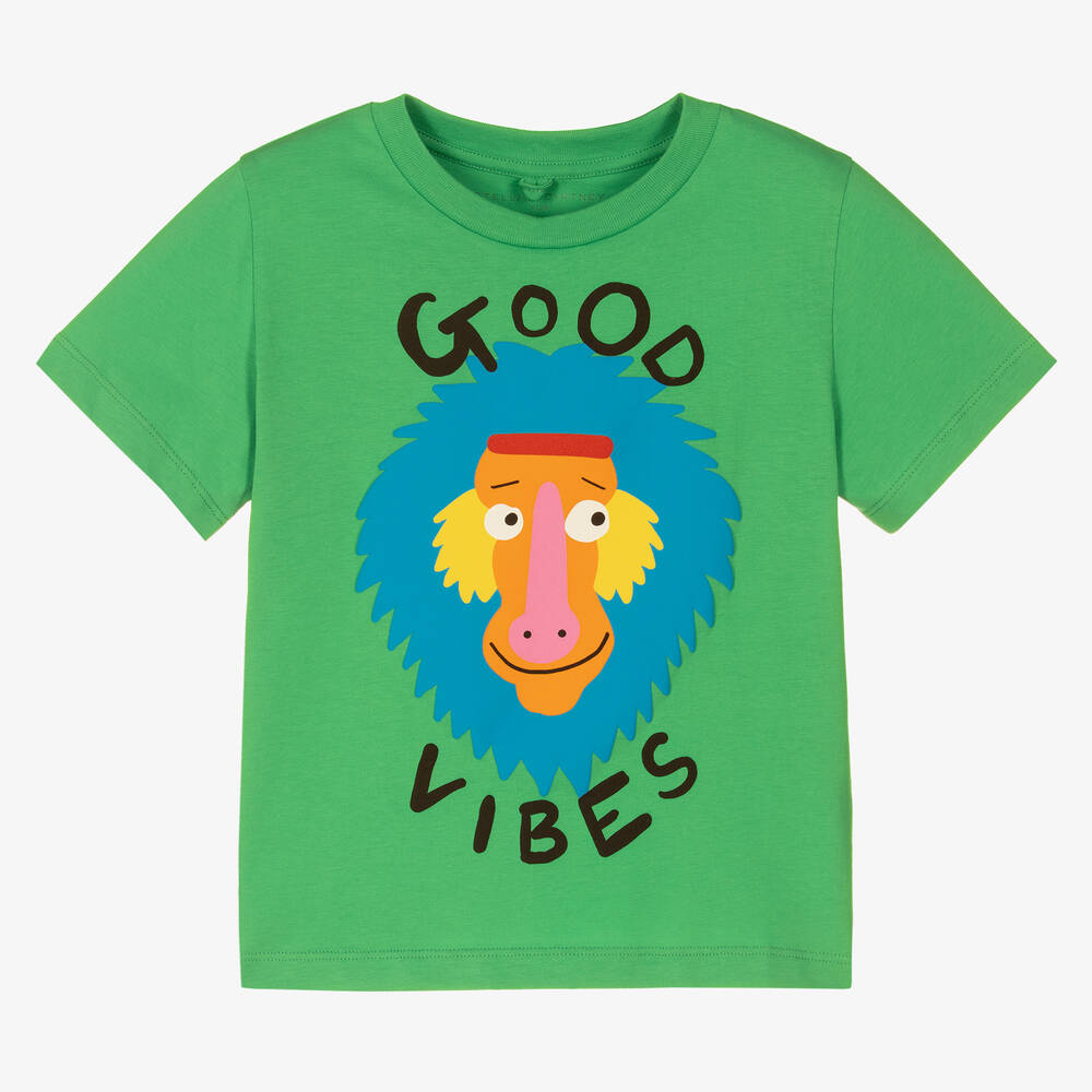 Stella McCartney Kids-Boys Green Cotton Good Vibes T-Shirt | Childrensalon Outlet