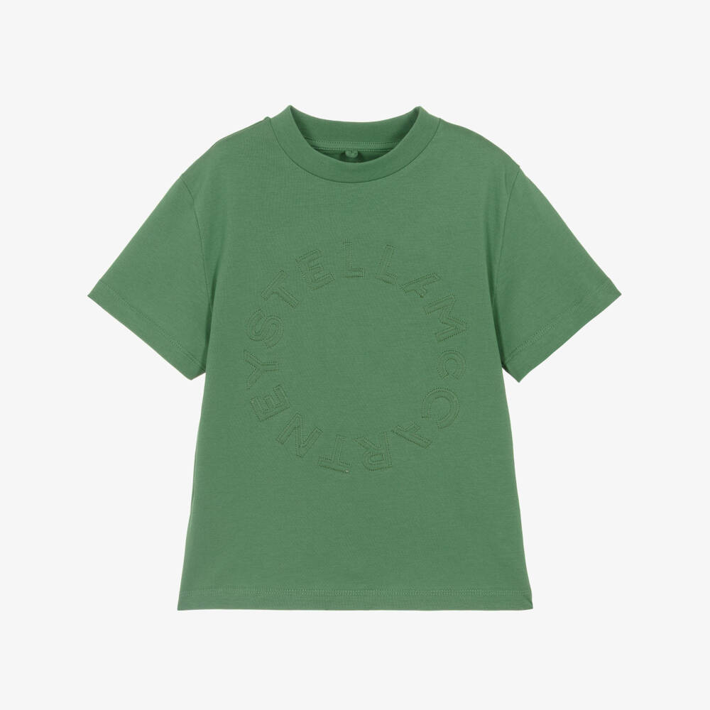Stella McCartney Kids-Boys Green Cotton T-Shirt with Circular Logo | Childrensalon Outlet