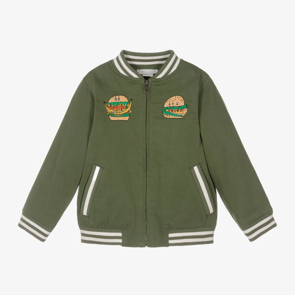 Boys Green Cotton Zip-Up Bomber Jacket