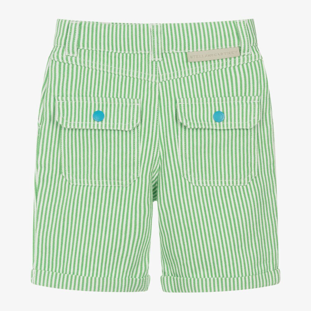 Stella McCartney Kids-Boys Green & Ivory Stripe Cotton Shorts | Childrensalon Outlet