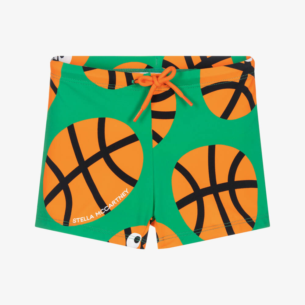 Stella McCartney Kids-Boys Green & Orange Basketball Print Swim Shorts (UPF50+) | Childrensalon Outlet