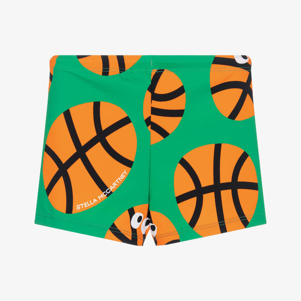 Stella McCartney Kids-Boys Green & Orange Basketball Print Swim Shorts (UPF50+) | Childrensalon Outlet