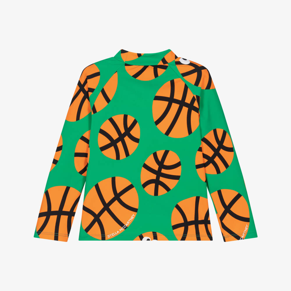 Stella McCartney Kids-Boys Green & Orange Basketball Print Swim Top (UPF50+) | Childrensalon Outlet