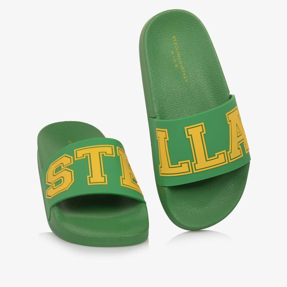 Stella McCartney Kids-Boys Green Sliders with Yellow Logo | Childrensalon Outlet