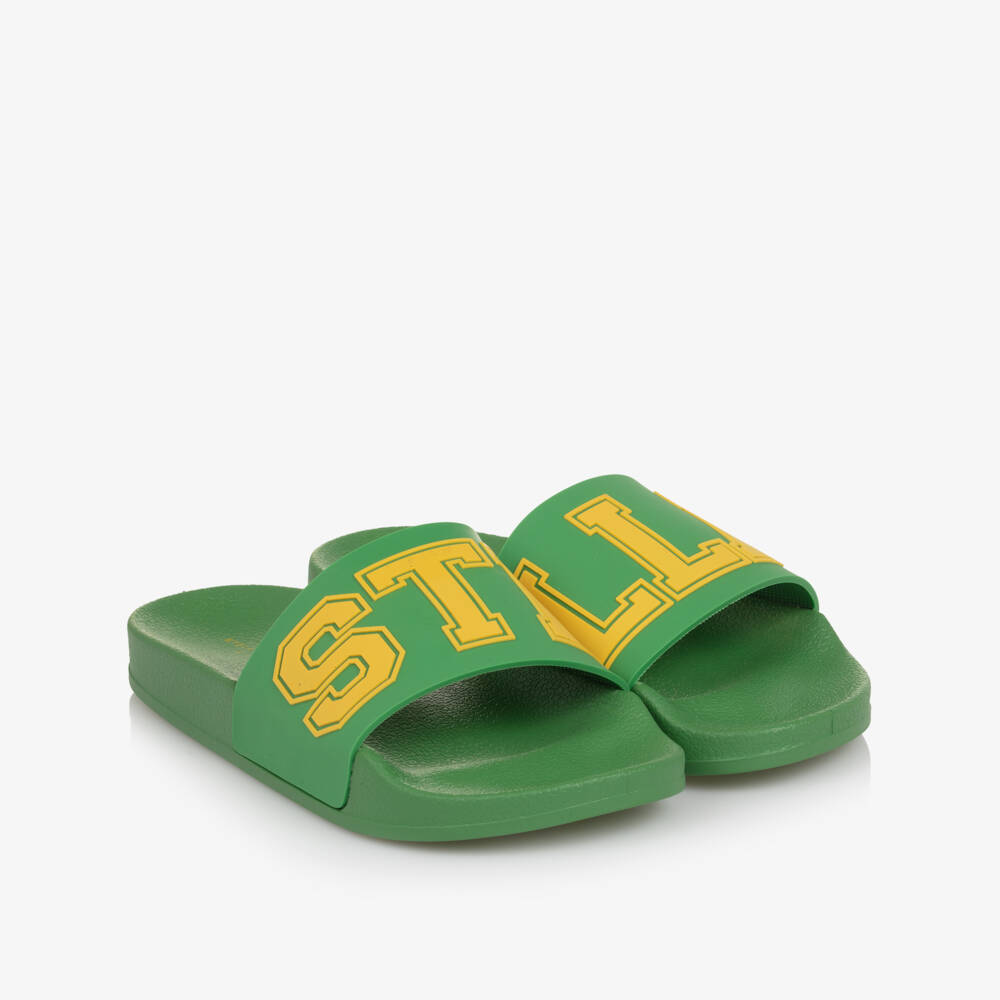 Stella McCartney Kids-Boys Green Sliders with Yellow Logo | Childrensalon Outlet
