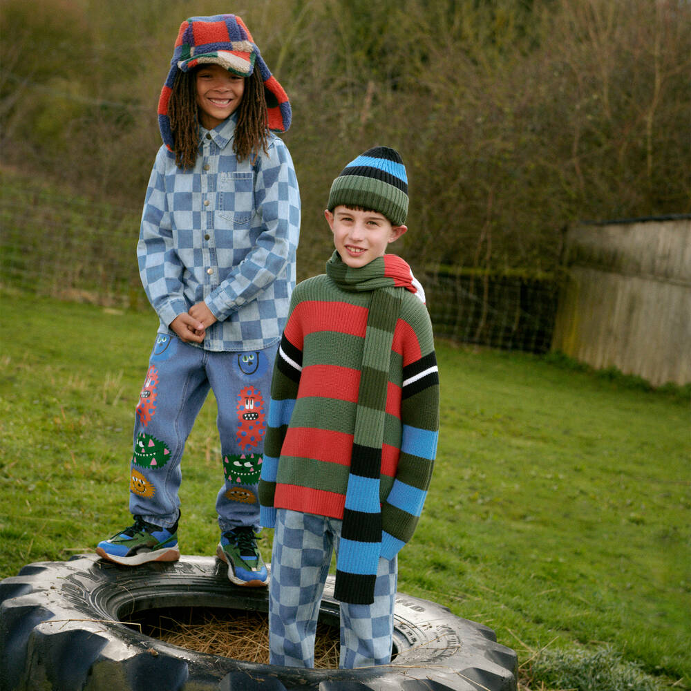 Stella McCartney Kids-Зеленый свитер из хлопка и шерсти в полоску | Childrensalon Outlet