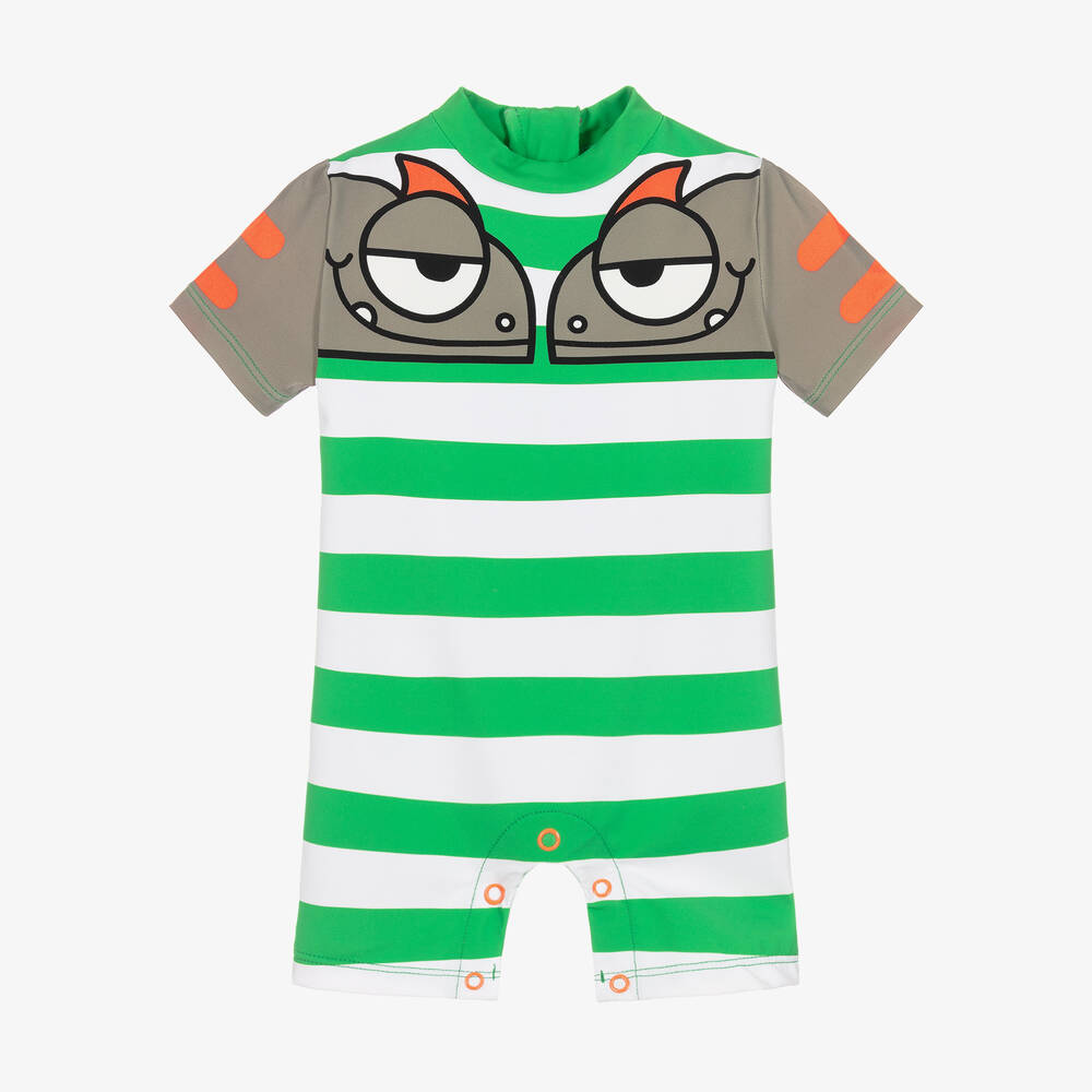 Stella McCartney Kids - Boys Green Striped Lizard Sun Suit (UPF50+) | Childrensalon