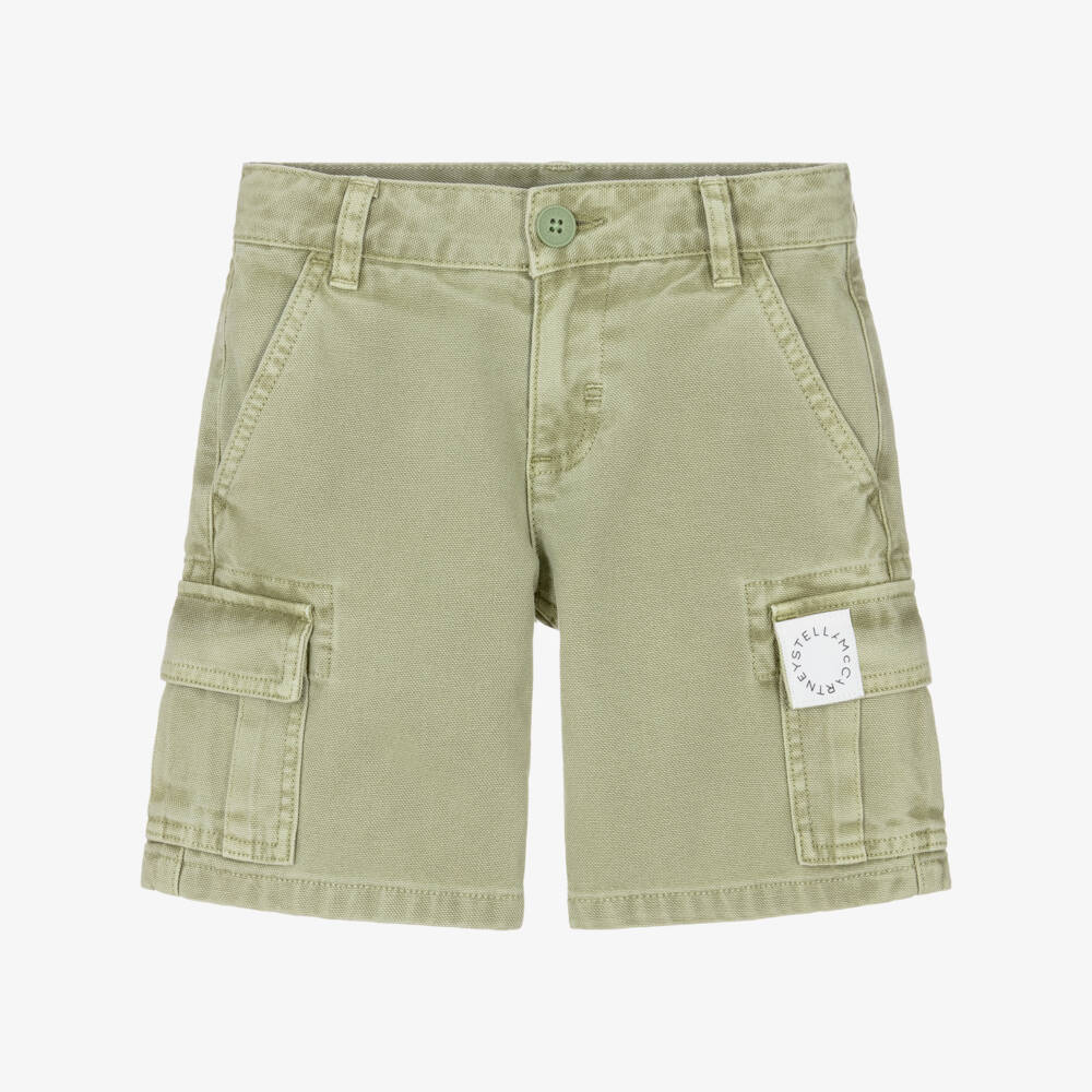 Stella McCartney Kids-Boys Green Washed Effect Cotton Cargo Shorts | Childrensalon Outlet