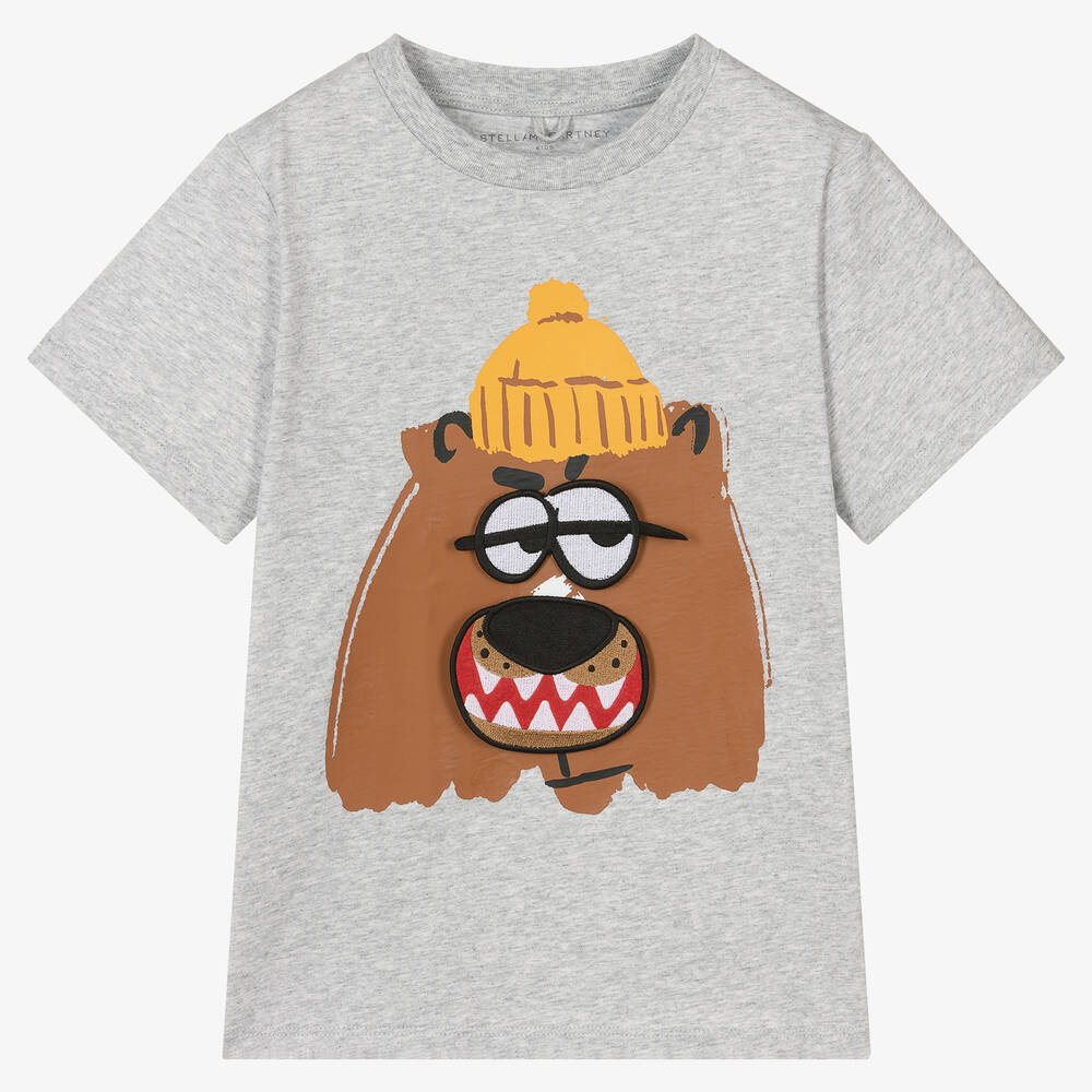 Stella McCartney Kids - Boys Grey Cotton Bear T-Shirt | Childrensalon