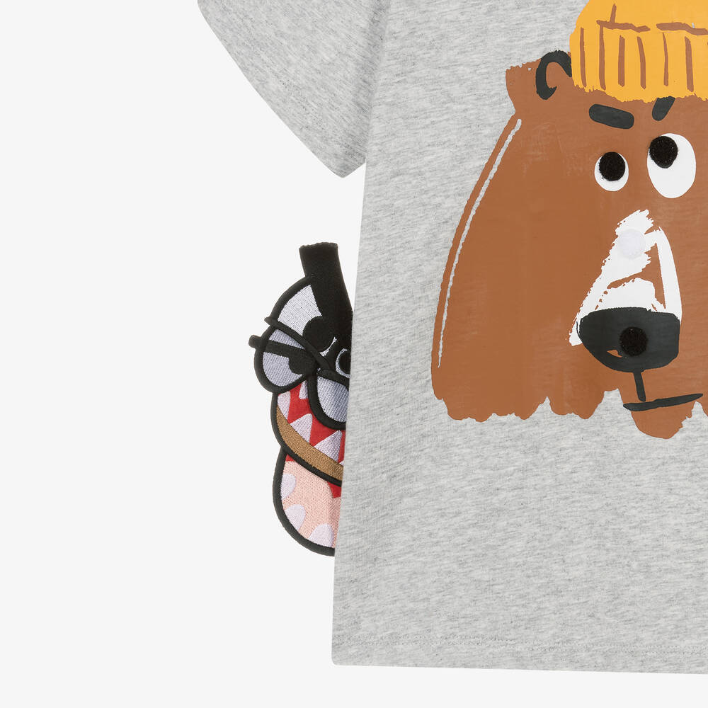 Stella McCartney Kids-Серая хлопковая футболка с медведем | Childrensalon Outlet