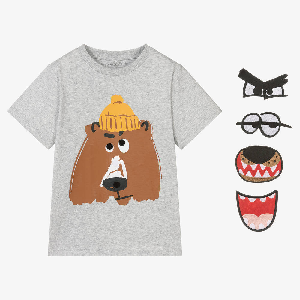 Stella McCartney Kids-Серая хлопковая футболка с медведем | Childrensalon Outlet