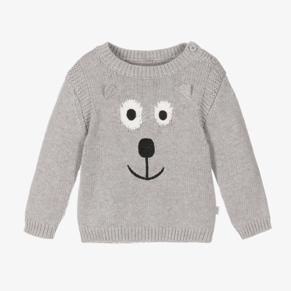 Boys Grey Cotton Knit Bear Jumper