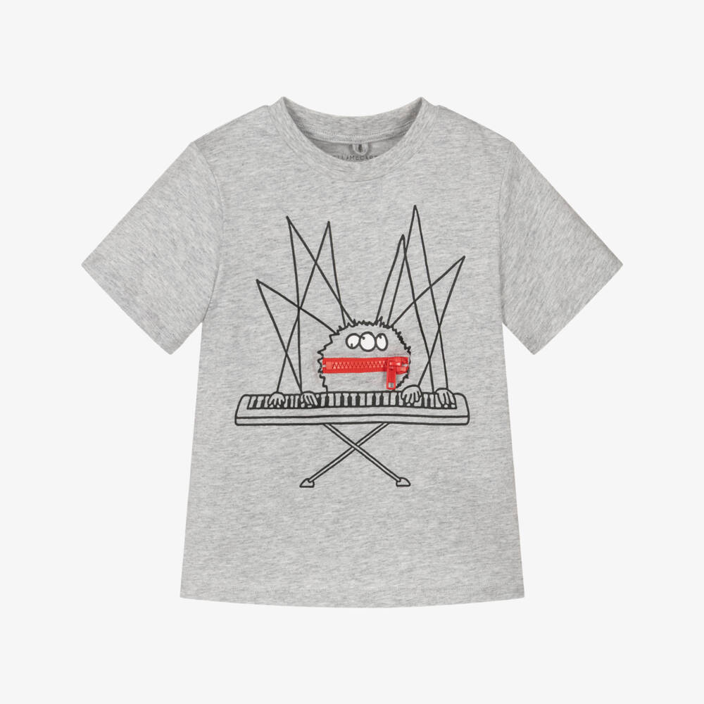 Stella McCartney Kids-Boys Grey Cotton Spider T-Shirt with Interactive Zip Pocket | Childrensalon Outlet