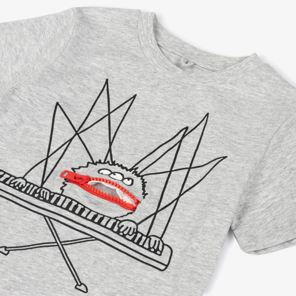 Stella McCartney Kids-Boys Grey Cotton Spider T-Shirt with Interactive Zip Pocket | Childrensalon Outlet