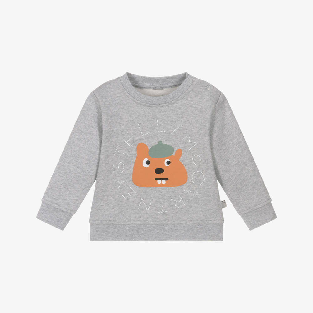 Stella McCartney Kids-Серая хлопковая футболка с белкой для мальчиков | Childrensalon Outlet